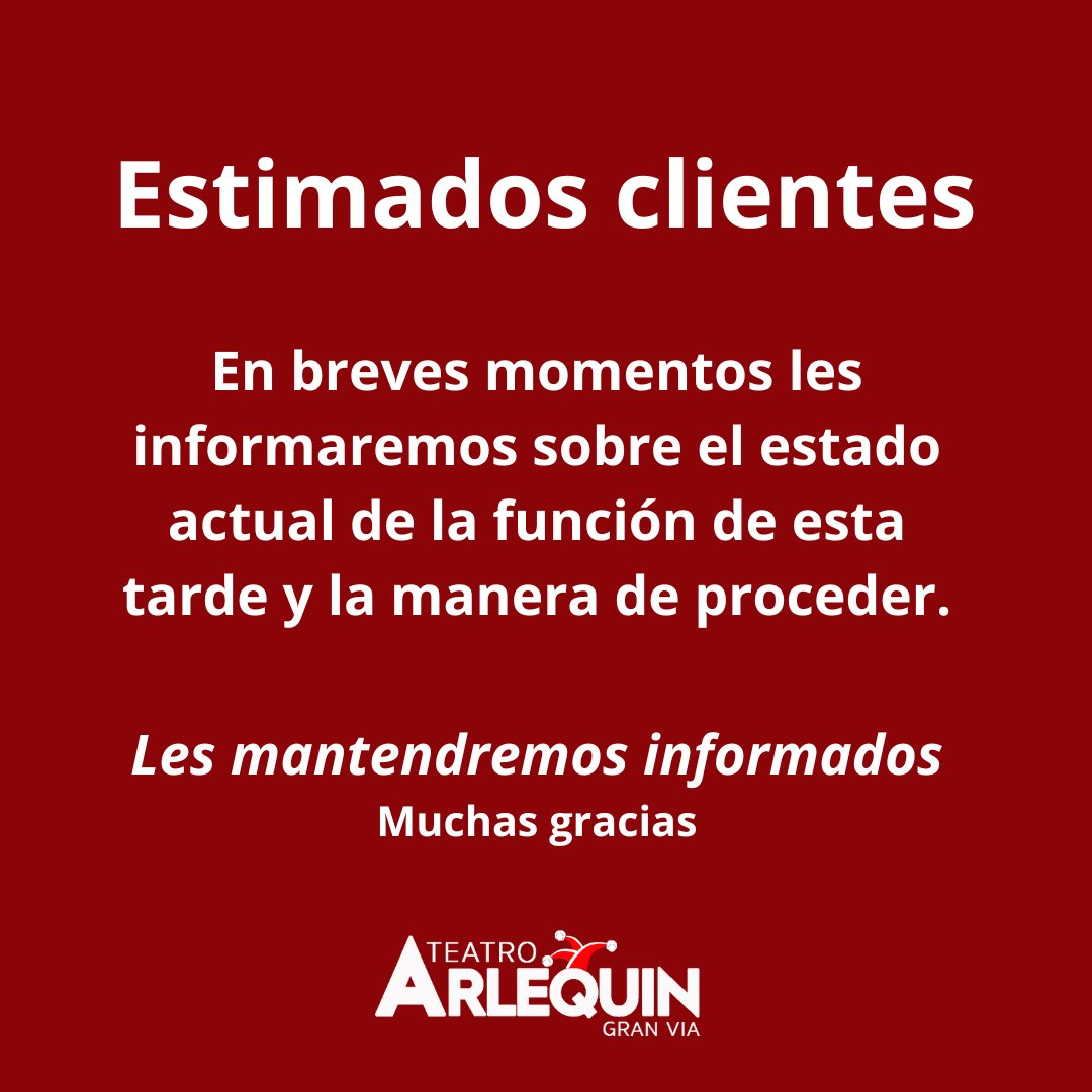 Estimados espectadores.

En breves momentos les informaremos sobre el estado actual de la fundión de esta rarde No cruces los brazos".

En breves momentos realizaremos un comunicado.

Gracias por su paciencia y compresión

#comunidaddeMadrid #ProteccionCivil