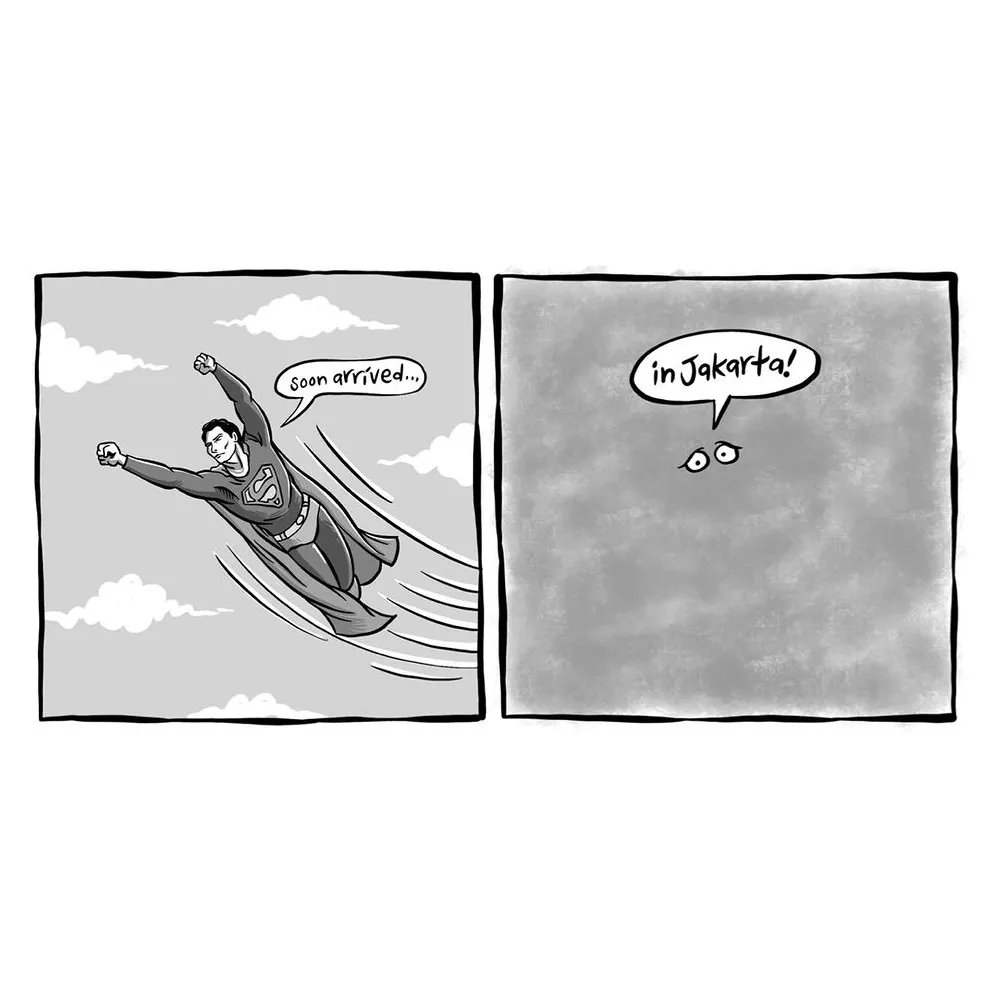 Superhero pas terbang di atas Jakarta <a href="/hariankompas/">Harian Kompas</a> #micecartoonofficial #PolusiJAKARTA