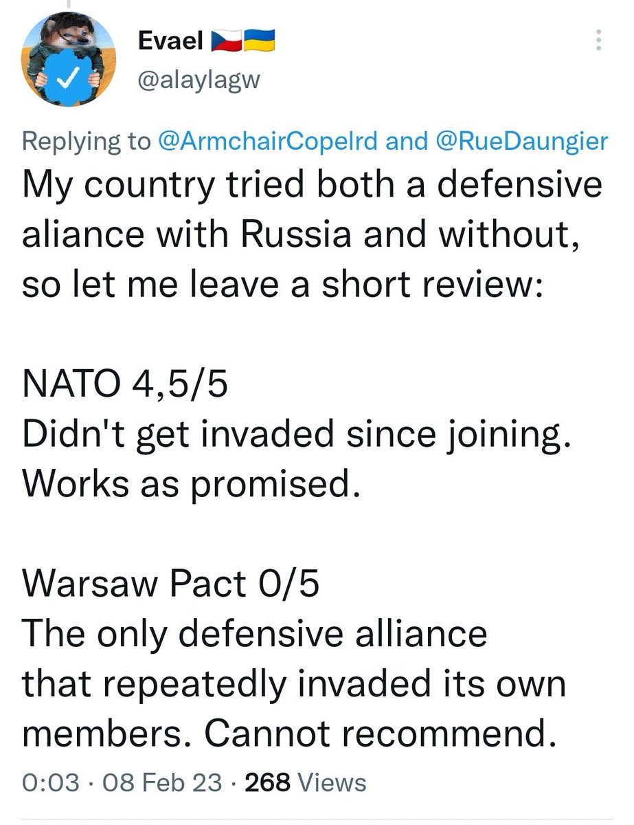 #StiftungWarentest 🥽📋 #Tschechien 🇨🇿 #NATO 🟦✨ #WarschauerPakt 🟥🤝 #Russland 🇷🇺 #Ukraine 🇺🇦 #Blyatzkrieg 🐌

🤓🫡