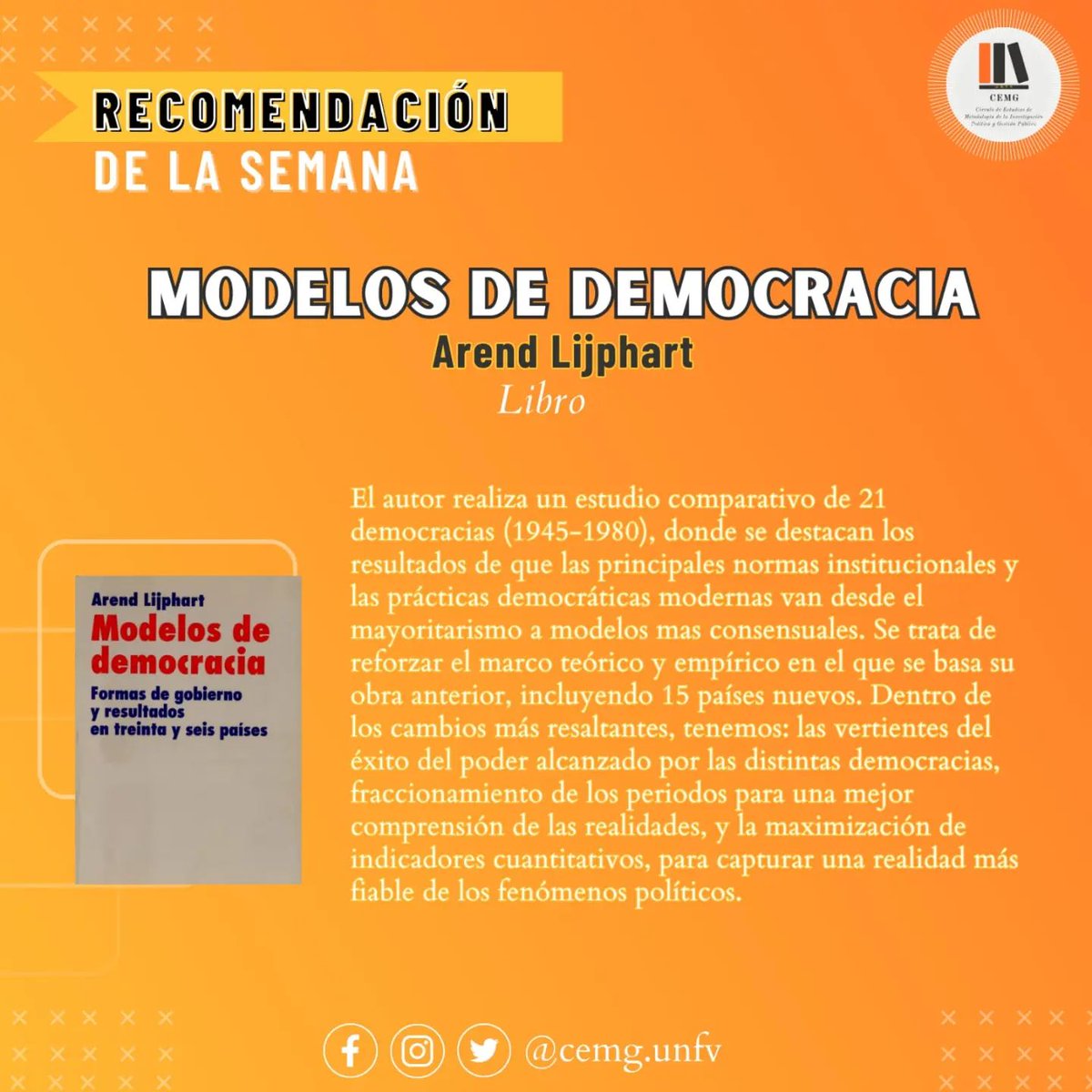 cemg_peru's tweet photo. 📷 Esta semana te recomendamos el libro: "Modelos de democracia"
De Arend Lijphart.

 #UNFV
 #CienciaPolitica #GestionPublica #CEMG https://t.co/eyPGJOqsRi