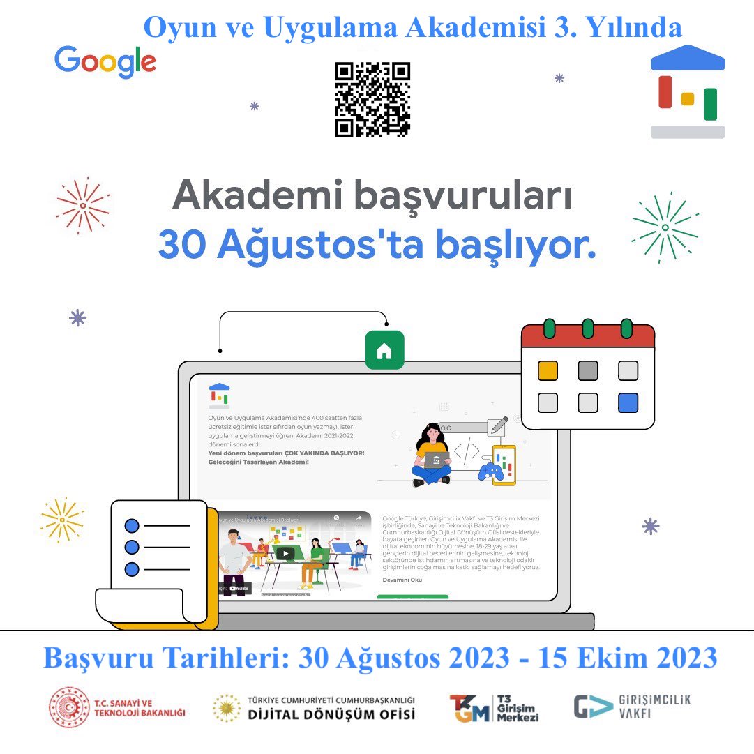 Oyun ve Uygulama Akademisi 3. yılında başvurularınızı bekliyor! 
Hemen başvuru yapmak için: bento.me/oyunveuygulama…
Başvuru tarihleri: 30 Ağustos 2023 - 15 Ekim 2023