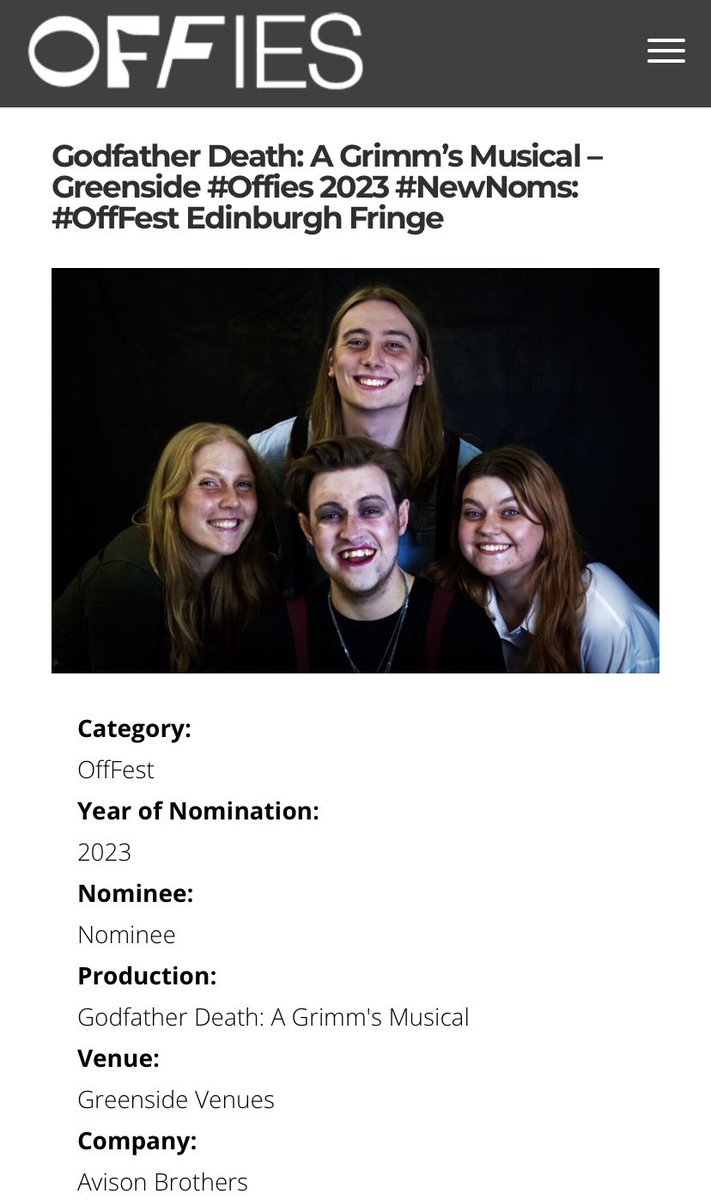 GFDmusical's tweet photo. We are absolutely thrilled be nominated for a @offwestendcom award at our very first @edfringe 😍

It really means the world! 

Remember you can still see the show! We are performing at the @dundeefringe on the 17th and 18th of September - you can grab tickets in our bio! https://t.co/m29o1HOSD8