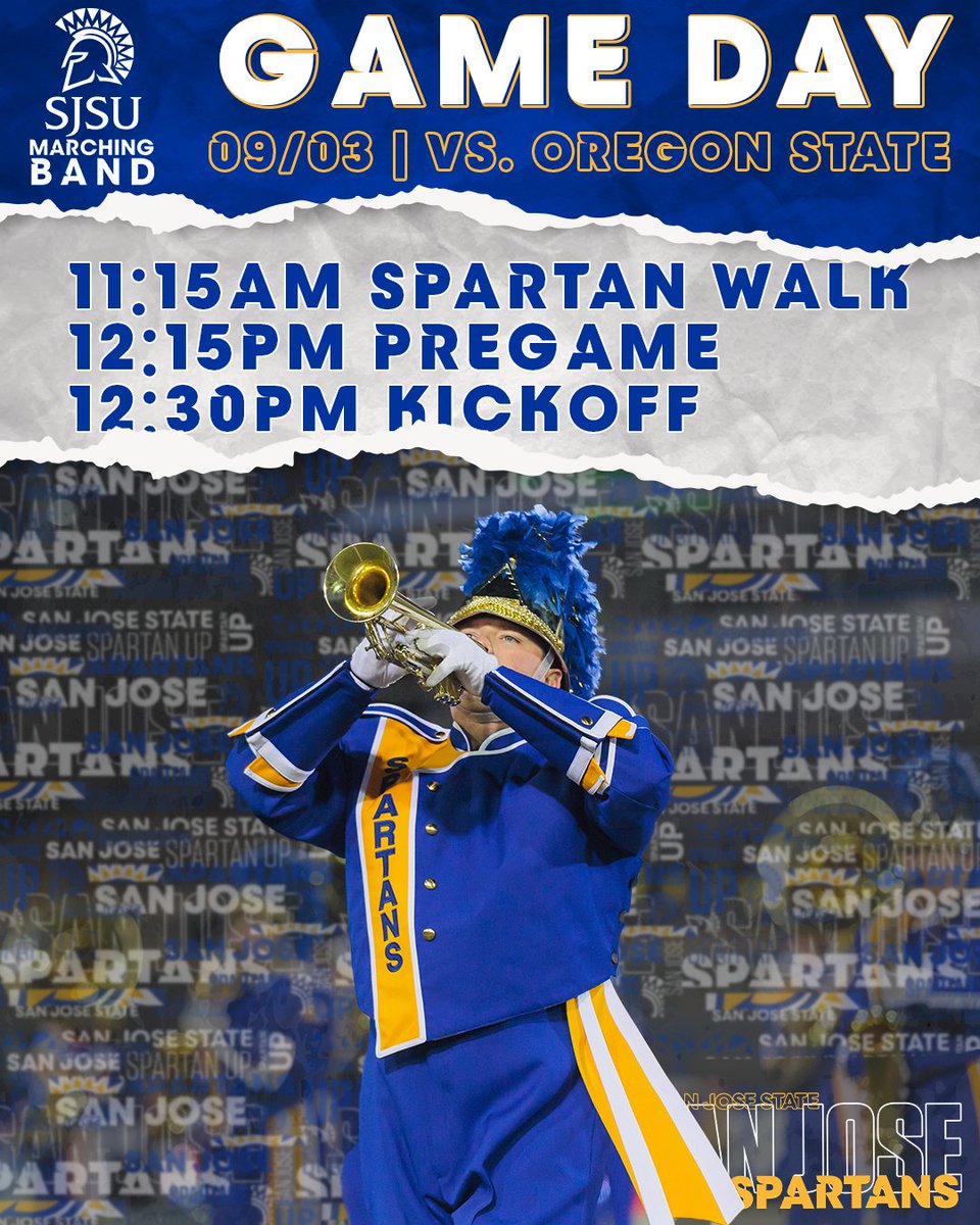 SJSUBands's tweet photo. IT'S A SPARTAN GAME DAY! It's time for our 2023 home opener vs. Oregon State.
🗓️ September 03 🆚 Oregon State 🦫
📍 CEFCU Stadium
🎉 11:15AM Spartan Walk
🎺 12:15PM Pregame
🏈 12:30PM Kickoff
🥁 Halftime Show: Blast Out
#AllSpartans | #BBitB | #FuelTheBand https://t.co/DG8ZtsyxxQ