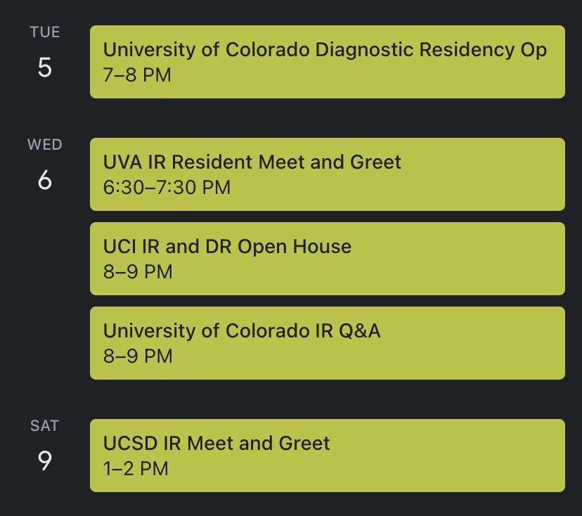 This week in DR/IR Residency Events #Match2024

Submit your own: forms.gle/JmyKGJ7j4Kq1Kw…

Full calendar w/ links: calendar.google.com/calendar/embed…