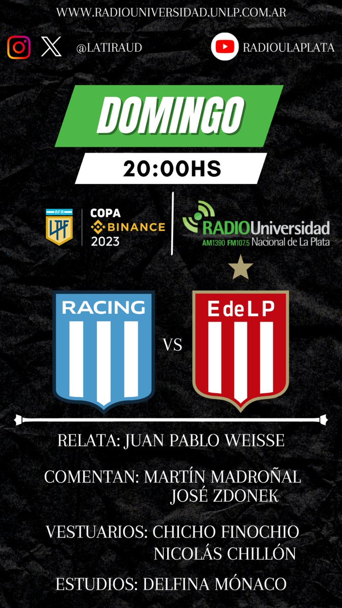LaTiraUD's tweet photo. #SentimosElFutbol ⚽️
⏰ 20.00hs

#Racing 🆚 #EDLP

🎙Relata: @JWeisse
 🗣Comentan: @emealcubo1 @JoseZdonek

 Junto a @lucasfinochio @nicolaschillon @_delfimonaco y equipo 

📻 @radioulaplata
📱 https://t.co/kyQZY26sZ4
🌐https://t.co/rNxXe89Mgm https://t.co/LXnQ66RXPV