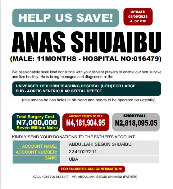 oloyebossman's tweet photo. You all made it possible for us to raised 4million for our 11month old boy, we still seek your kind donation as God almighty will bless you.
@B_ELRUFAI @DeeOneAyekooto @GovBorno @HonBago @ShehuSani @ https://t.co/VRoEDy6Qoa