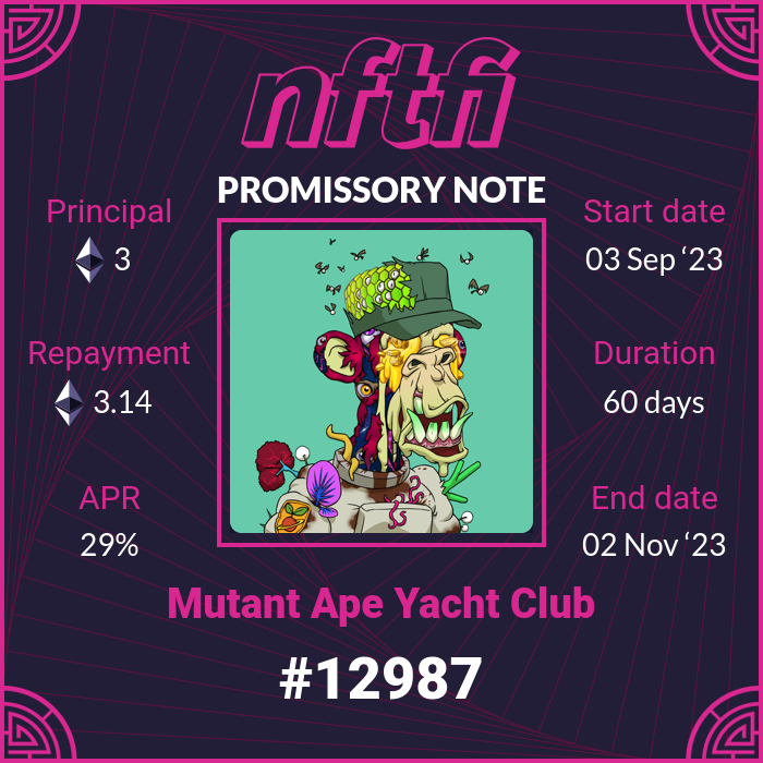 New loan started on MutantApeYachtClub: #12987
    
Loan: 3 wETH
Repayment: 3.143014 wETH
Duration: 60 days
APR: 29%
  
app.nftfi.com/assets/0x60e4d…

#MutantApeYachtClub #MAYC