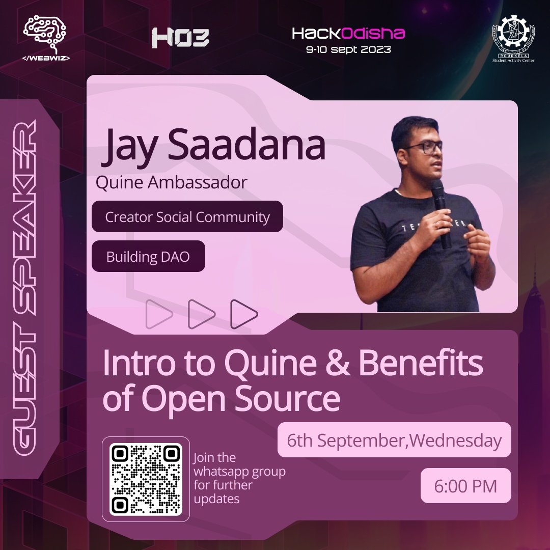 hackodisha's tweet image. 🚀 🌟 We&apos;re all buzzing with excitement to introduce Jay Saadana: Quine Ambassador, Tech influencer. 🤖🏆

 Join us on September 6th, Wednesday, at 6pm for a mind-blowing guest lecture that&apos;ll fuel your knowledge an passion! 📚🔥
#webwiz #hackodisha3 
#hackathon #Quine