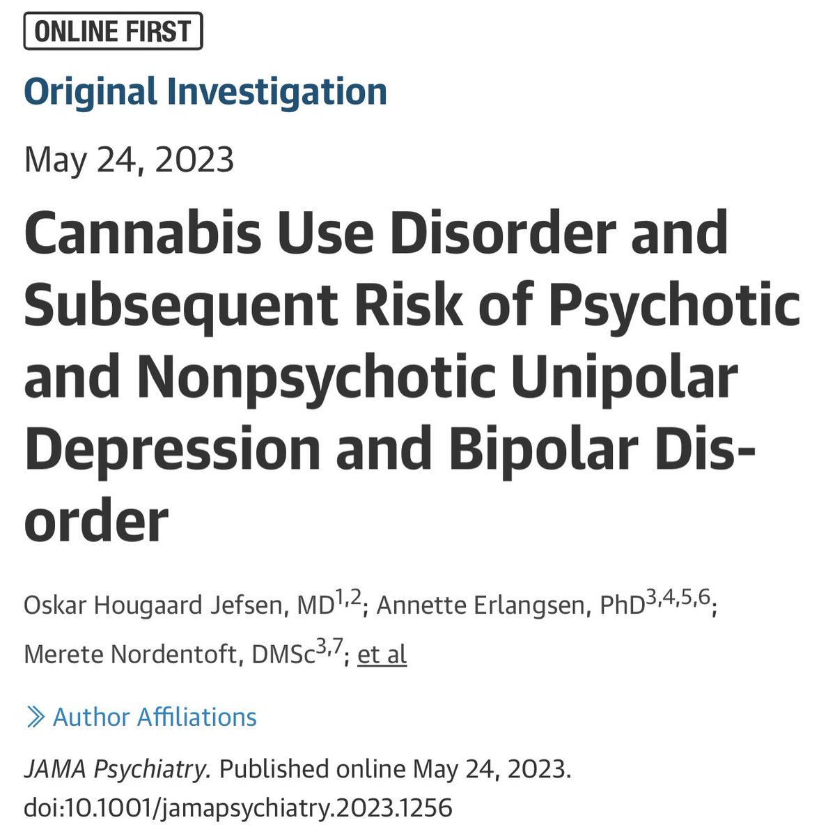 🌱 🚬 CANNABIS Y SALUD MENTAL

🧐Estudio observacional en 6651765 personas:

🚩Aumenta al DOBLE el riesgo de depresión 
🚩Aumenta al TRIPLE el riesgo de trastorno bipolar
🚩Aumenta al QUÁDRUPLE el riesgo de trastorno bipolar psicótico 

📌Estudio de asociación ⇏ causalidad