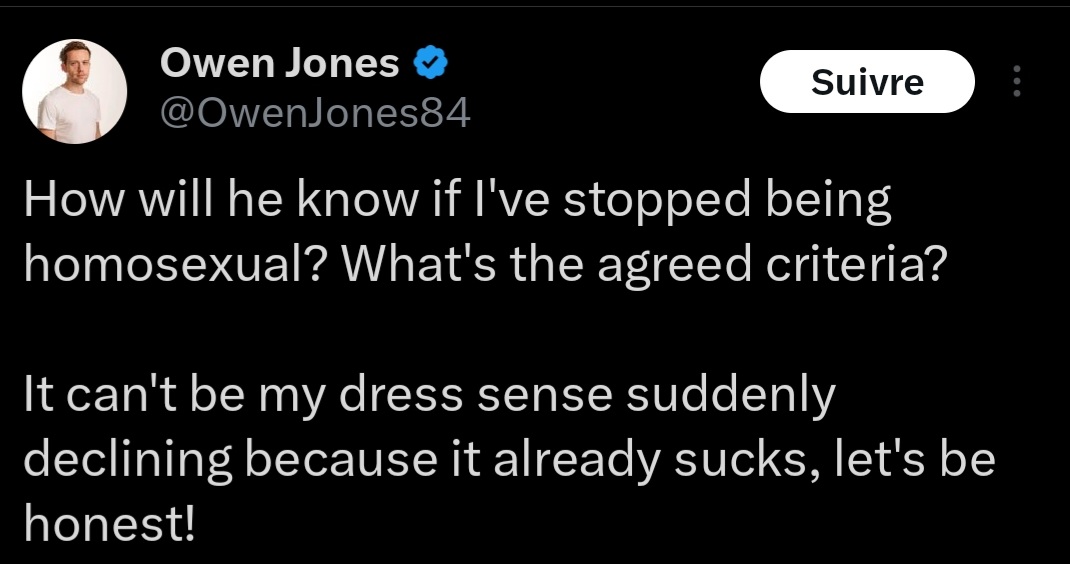 @OwenJones84 @RealSocialist31 Firstly, you didn't say 'homo', you said 'homosexual' and even if one is an abbreviation of the other, 'homo' has pejorative connotations. So you've moved the goalposts. Secondly, you described *yourself* as a homosexual only in April. Or were you being ironic?