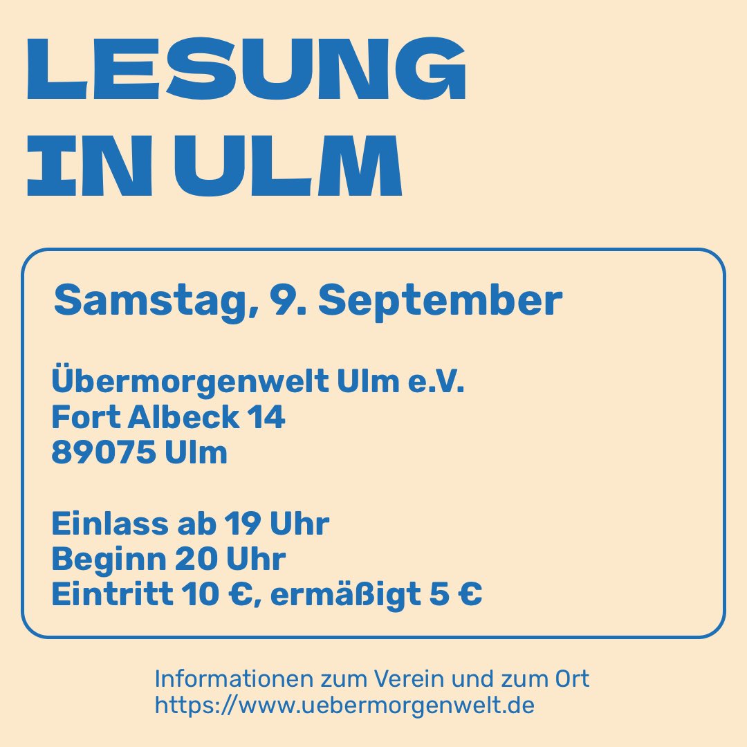 Hallo, ihr Lieben!🙂💚

Am Samstag (9.9.) lese ich in Ulm beim Verein Übermorgenwelt.

Ich werde »Das Erbe der Elfenmagierin« und »Die Stadt der Symbionten« mitbringen.

Falls ihr Zeit und Lust habt, dann schaut vorbei.

#Lesung #Fantasy #ScienceFiction