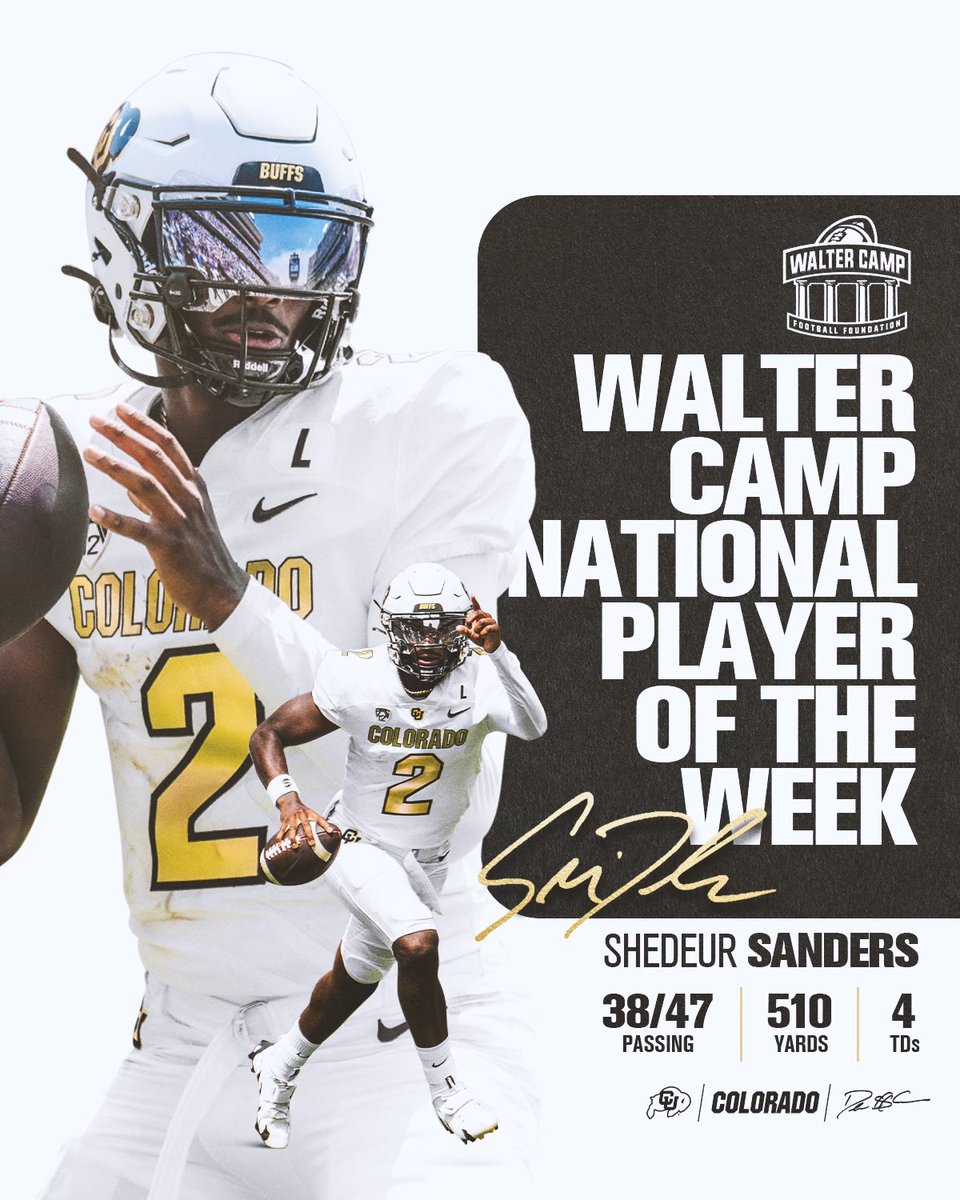 CUBuffsFootball's tweet image. Earned it. @ShedeurSanders is the @WalterCampFF Player of the Week 😎

#GoBuffs