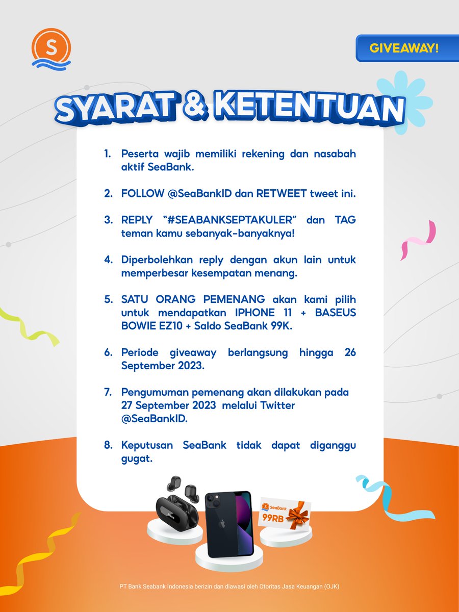 💫FOLLOW, RT, REPLY &amp; MENANGKAN BUNDLE IPHONE 💫
GRAND PRIZE GIVEAWAY #SEABANKSEPTAKULER!!

Yuk cek S&amp;K berikut:
1. FOLLOW Twitter <a href="/SeaBankID/">SeaBank Indonesia</a>
2. RT &amp; REPLY "#SEABANKSEPTAKULER"
3. TAG TEMAN KAMU!

Kesempatan terbatas, yuk ikuti kuisnya sekarang!✨