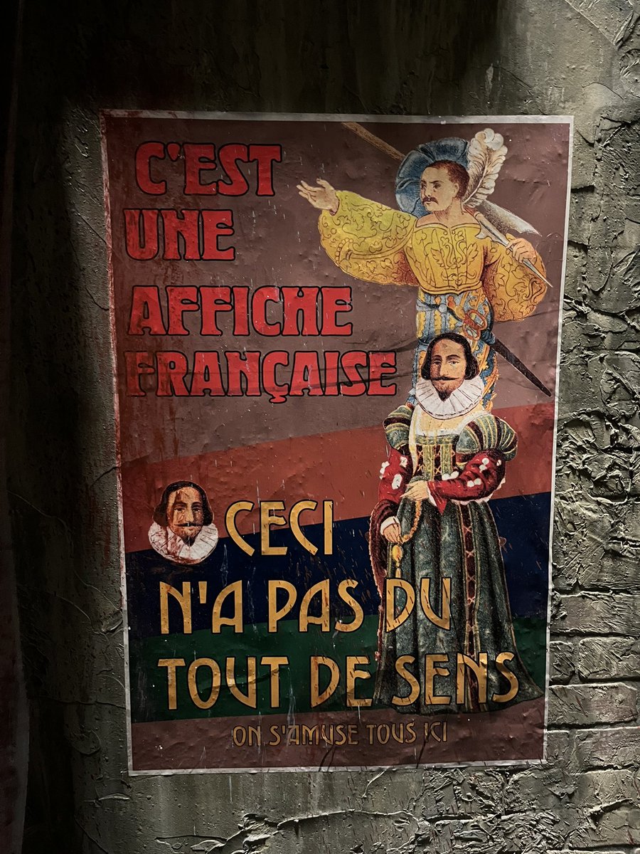 KaleyD217's tweet photo. The posters around Universal Monsters: Unmasked are all originally made and purposely comical. This one, translated, means:

“This is a French poster. This doesn’t make any sense at all. We are just being silly.” #HHN32 https://t.co/b2AWRDRto7
