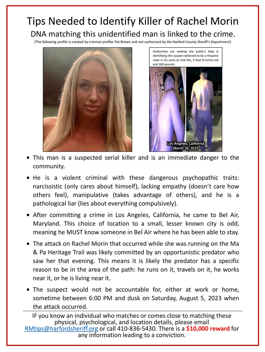 C_and_V_YT_1's tweet photo. Here is the profile of the suspect in Rachel Morin's homicide ( version in English and Spanish.)
Profiler Pat Brown prepared this profile and shared it with me. 
Please, share and forward it.
Someone knows who he is

Visit Pat’s YouTube channel -  ‘Profiling with Pat Brown’ https://t.co/74kn8baucR