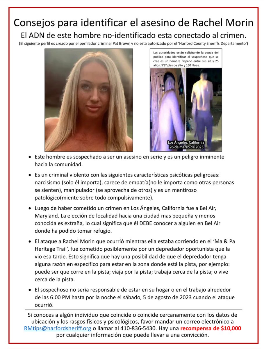 C_and_V_YT_1's tweet photo. Here is the profile of the suspect in Rachel Morin's homicide ( version in English and Spanish.)
Profiler Pat Brown prepared this profile and shared it with me. 
Please, share and forward it.
Someone knows who he is

Visit Pat’s YouTube channel -  ‘Profiling with Pat Brown’ https://t.co/74kn8baucR