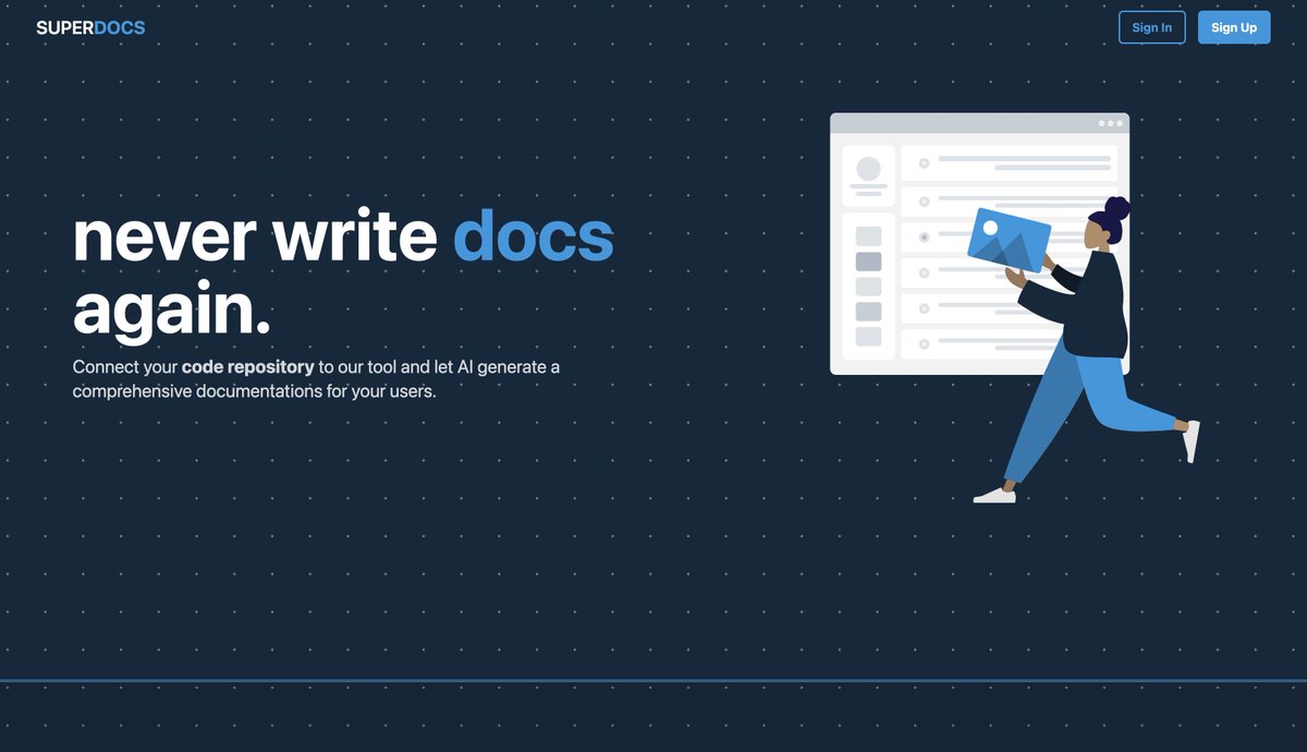 vikings_ace's tweet photo. 🚀 Superdocs website is live

An AI tool that writes your code documentations for you

✅ Upload code files and generate a documentation website

👉 Sign up now as early adopter to receive 1 free credit upon release 

https://t.co/Ol8qZ32lTW

cc: @_buildspace @_nightsweekends https://t.co/Q3vczvnjMk