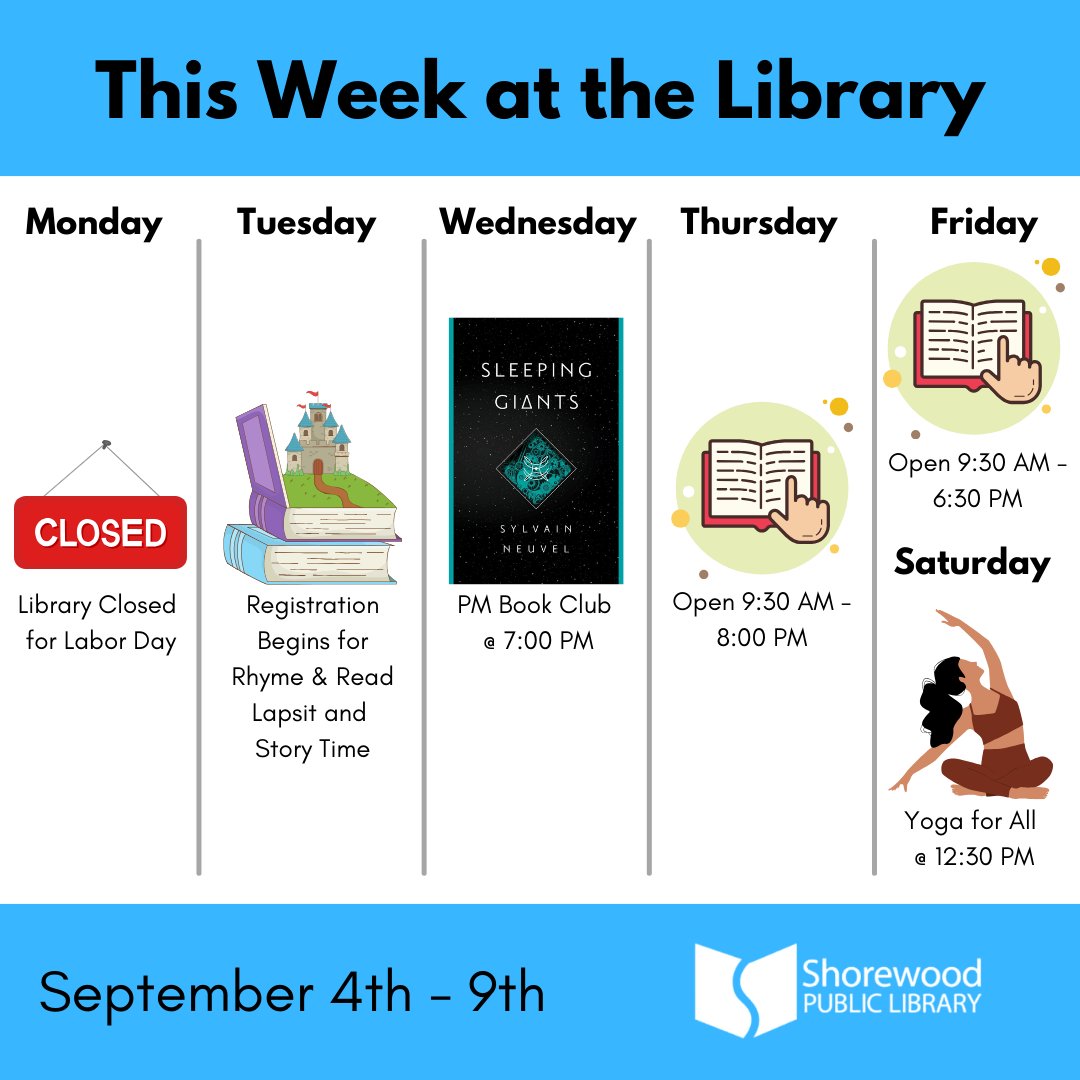 ShorewoodLib's tweet photo. Your weekly library preview has arrived!  Here is what we have in store for you #ThisWeekAtTheLibrary 

As always, make sure to check our online event calendar for more information about upcoming events: https://t.co/77kHsx9IpG https://t.co/YwCXcNZ6dc
