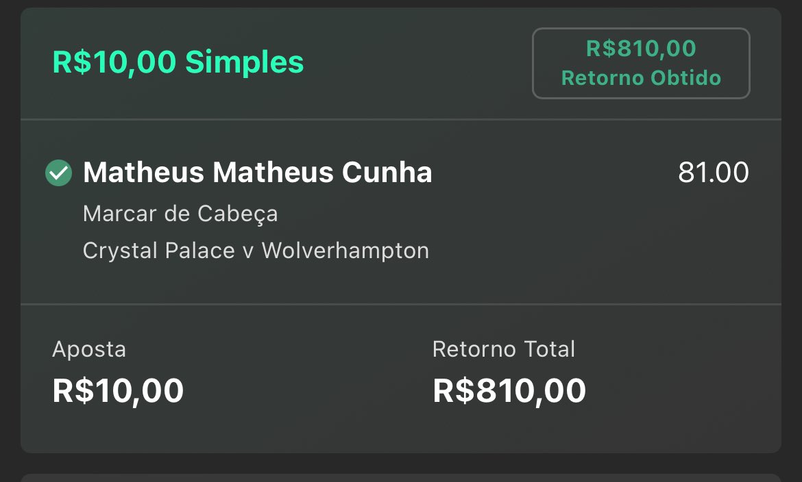 ODD 100 ✅
ODD 70.00 ✅
ODD 81.00 ✅✅✅✅

Matheus Cunha de cabeça. O meu, o seu, o nosso momento chegou. Eu estou CHORANDO emocionado aqui. VAAAAMOOOOOOOO
