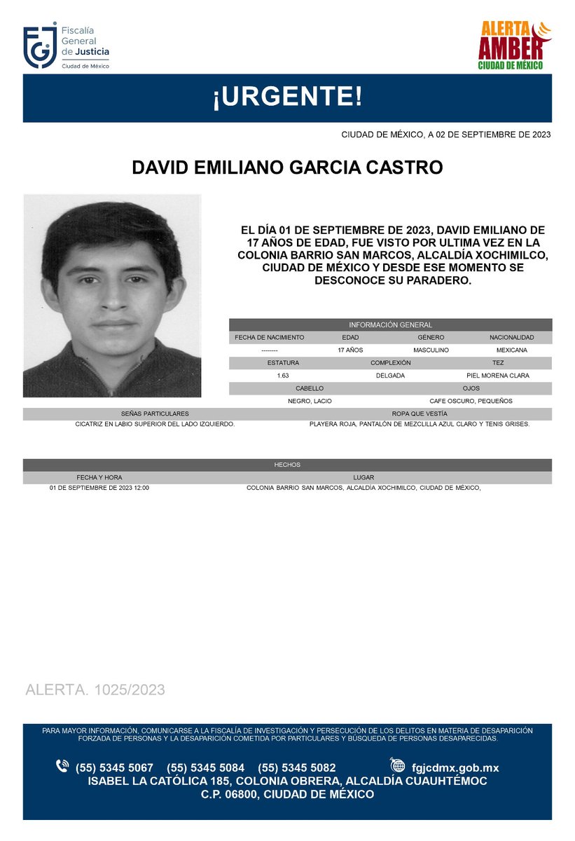 Se activa #AlertaAmber para localizar a un menor de 17 años de edad, de nombre David Emiliano García Castro, fue visto por última vez el día 1° de septiembre de 2023 en la colonia Barrio San Marcos, alcaldía Xochimilco