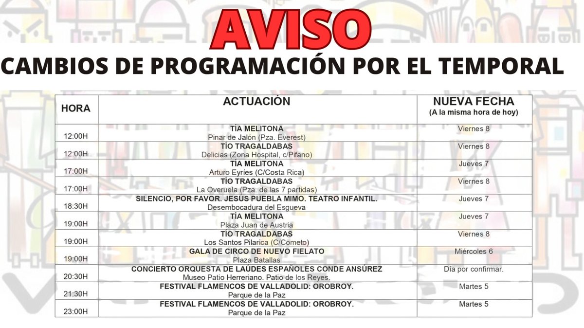 AyuntamientoVLL's tweet photo. En vista de la posible llegada esta tarde de la DANA, y ante la imposibilidad de celebrar determinadas actividades y espectáculos al aire libre, en aras a perjudicar lo mínimo tanto a artistas como a ciudadanos, el @AyuntamientoVLL se ve obligado a posponer estas actuaciones👇👇 https://t.co/OzuSjYSMyK