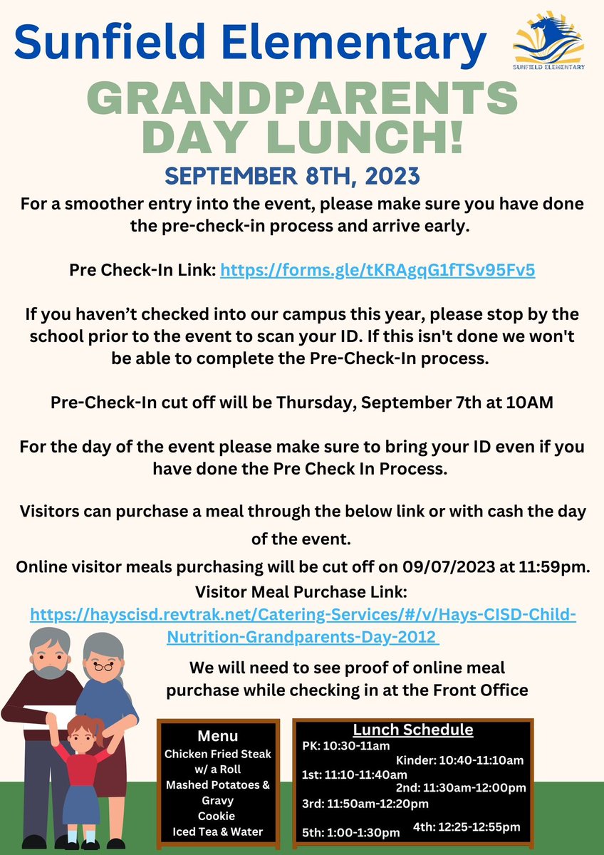 Join us for a Grandparents' Day Lunch this Friday!
Precheck In: forms.gle/tKRAgqG1fTSv95…
Meal Link:hayscisd.revtrak.net/Catering-Servi…