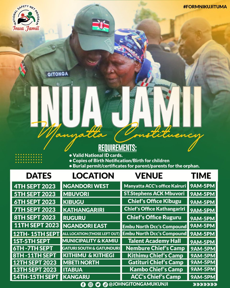 CharleneCarolR's tweet photo. Inua Jamii Registration program to run in Manyatta constituency as outlined in the poster.

@realjohngitonga 
#Formnikujituma https://t.co/q01tU0ATSW