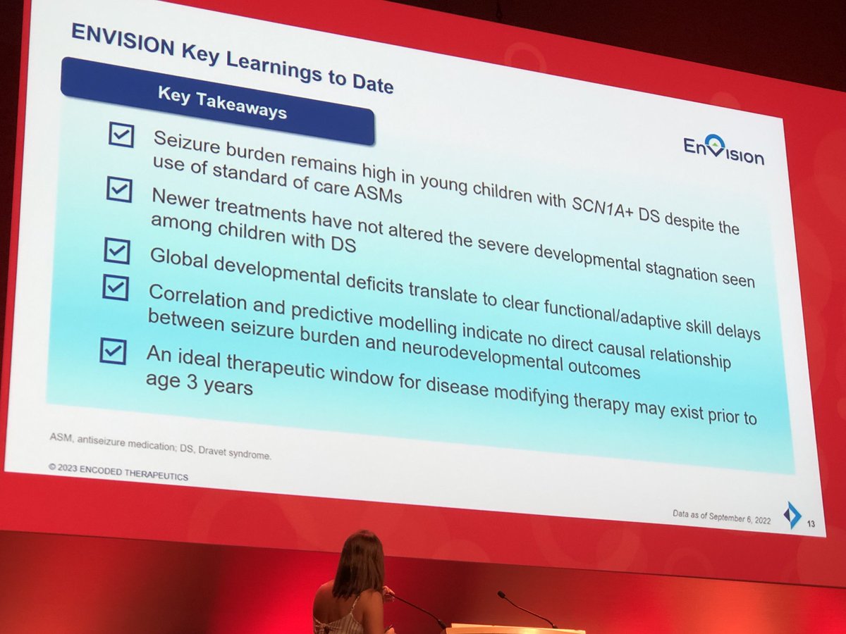 Deep phenotyping of a cohort of more than 50 kids with #Dravet syndrome in the ENVISION study from Encoded Therapeutics sees no correlation between seizure burden and developmental / behavioral outcomes. That’s why we need more treatments! Great talk at #IEC2023
