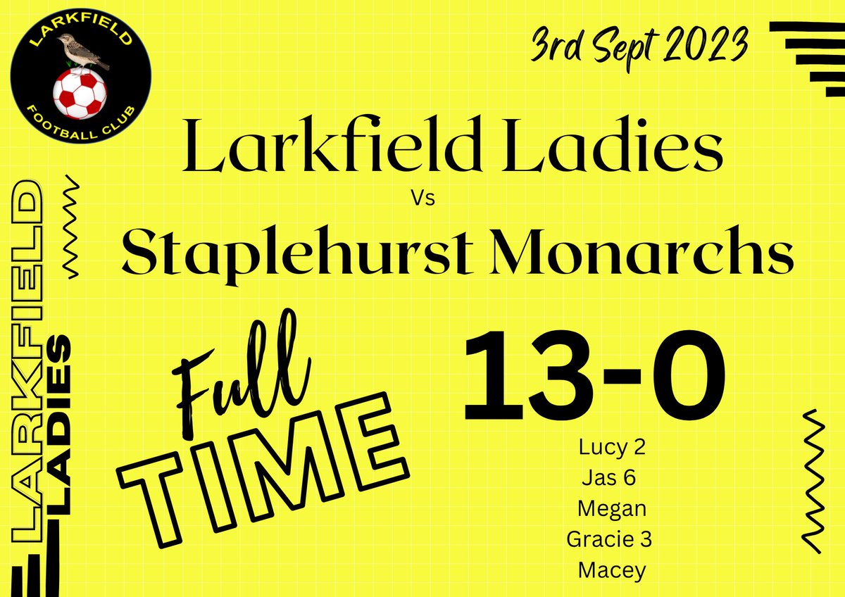 𝑳𝑨𝑹𝑲𝑭𝑰𝑬𝑳𝑫 𝑳𝑨𝑫𝑰𝑬𝑺 

Full time in the first match of the new <a href="/SECWFLnews/">SECWFL</a> season sees a comprehensive win for the Ladies against Staplehurst Monarchs Utd 🟡⚫️

#proudcommunityclub