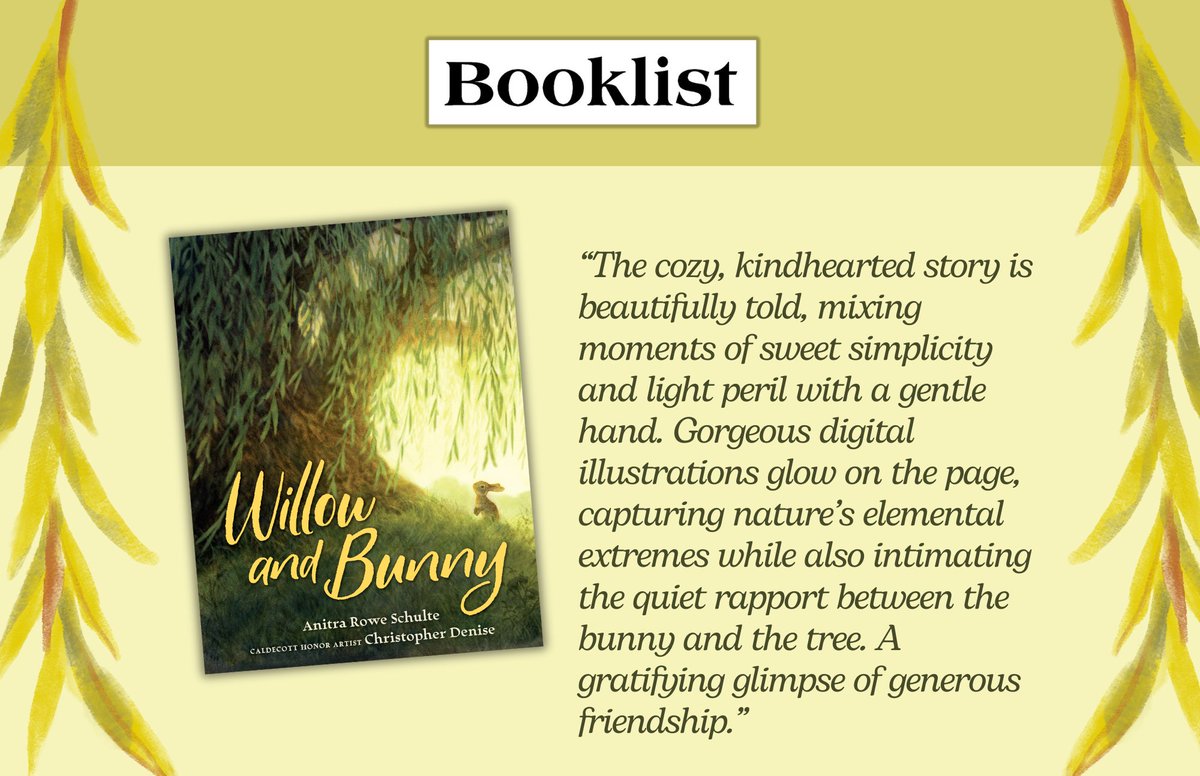 "A gratifying glimpse of generous friendship" -- Thank you <a href="/ALA_Booklist/">ALA_Booklist</a> for your review of WILLOW AND BUNNY, gorgeously illustrated by <a href="/cadenise/">Christopher Denise</a>, words by me. Publishes Oct. 10 (Two Lions) and available for preorder now! bookshop.org/p/books/willow…