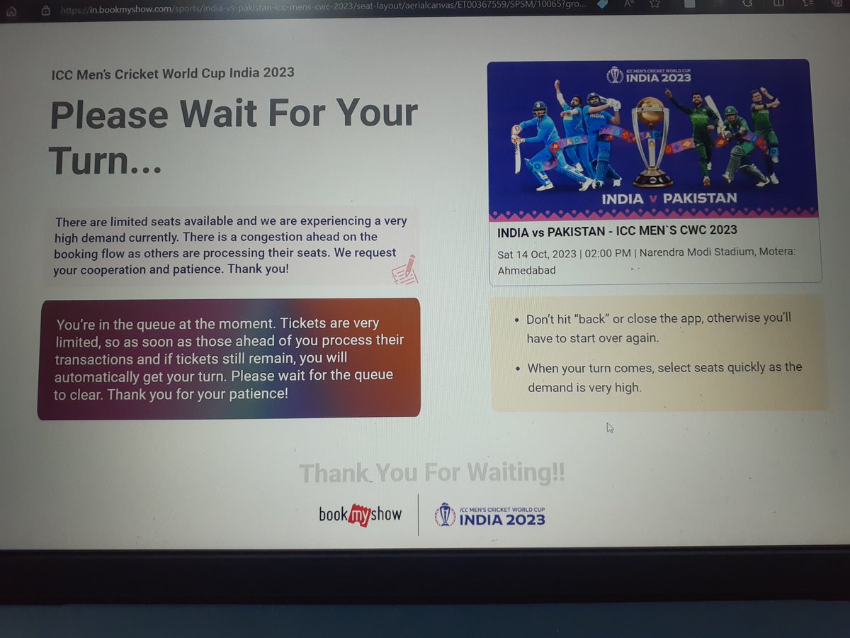 Im_Karan_12's tweet photo. Scam 2023 @BCCI @JayShah @bookmyshow Shame on you!!!! @JayShah 
Waiting for last 50 mins can't even get in the queue.  SCAM OF THE CENTURY. #INDvsPAK #CWC2023 #BookMyShowScam #Worldcup202 https://t.co/AcoLh4b665