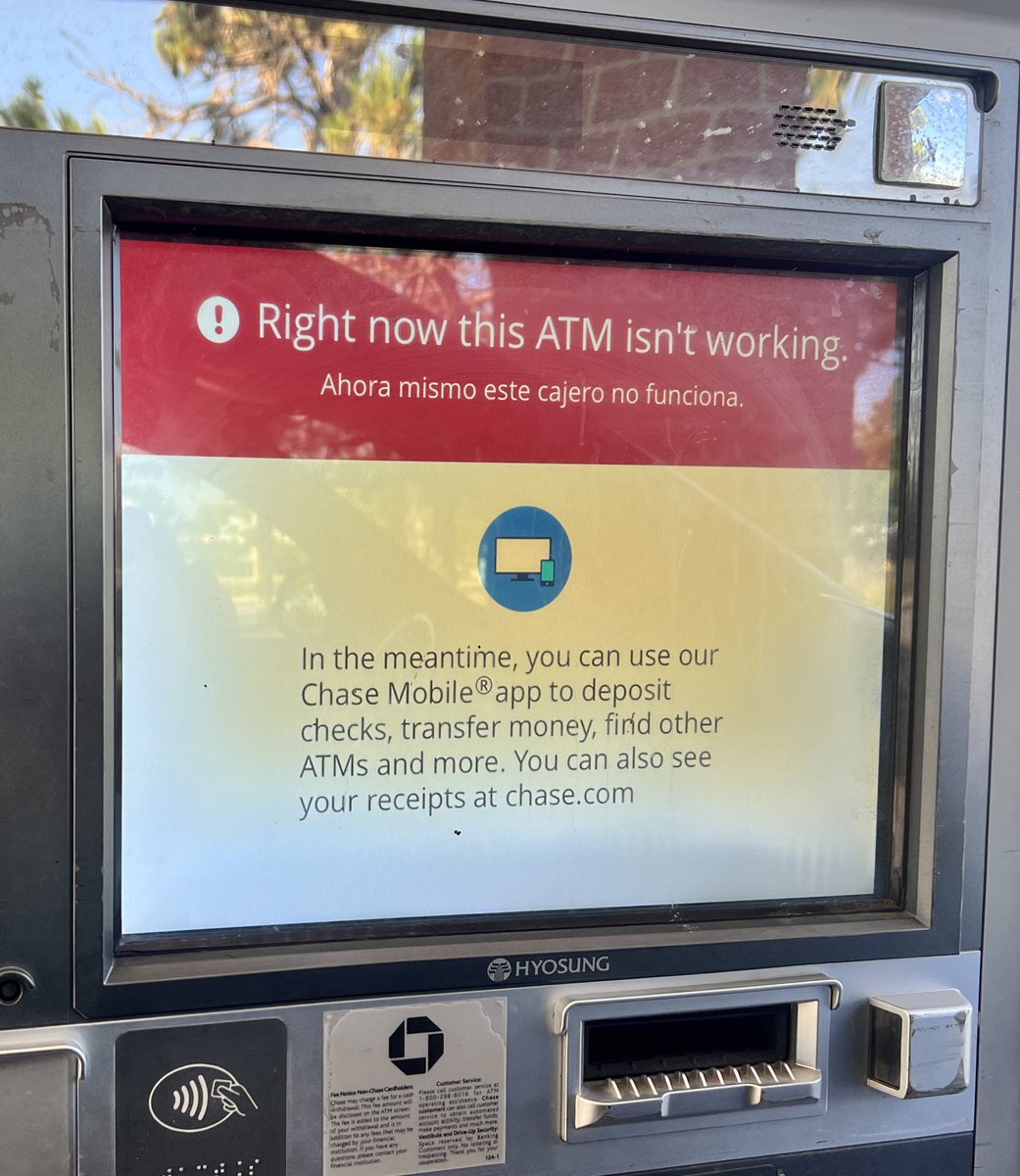 mbazzoni's tweet image. Visited five @Chase ATM’s and they are all down. What is going on? #ChaseBank