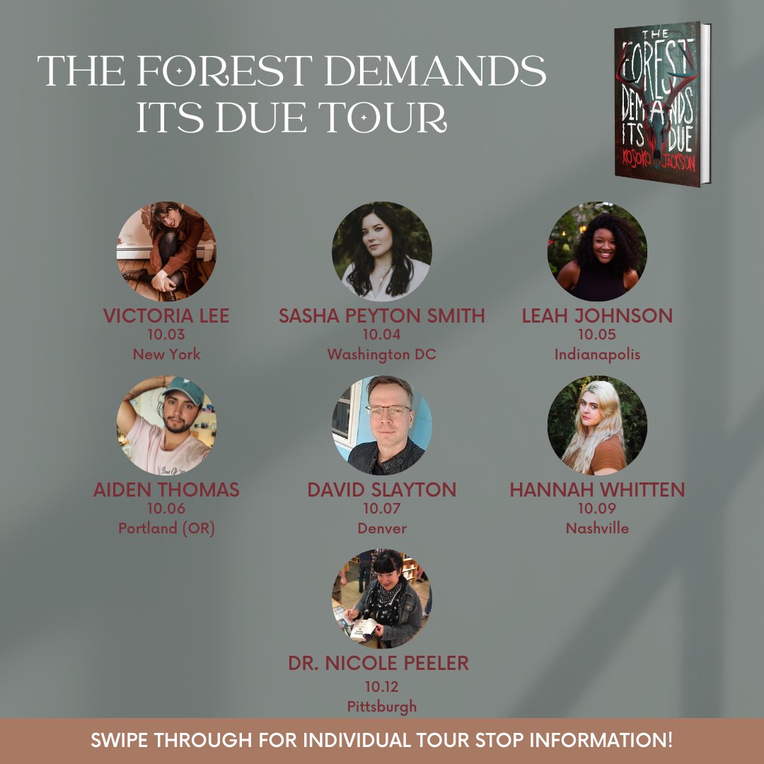 🚨BOOK TOUR ANNOUNCEMENT🚨 New York. Washington DC. Indianapolis. Portland. Denver. Nashville. Pittsburgh. I'm so thrilled to announce THE FOREST DEMANDS ITS DUE tour with these authors! See you soon! FULL TOUR INFO HERE: tfdid.com (+ @hwhittenwrites, @SashaPSmith)