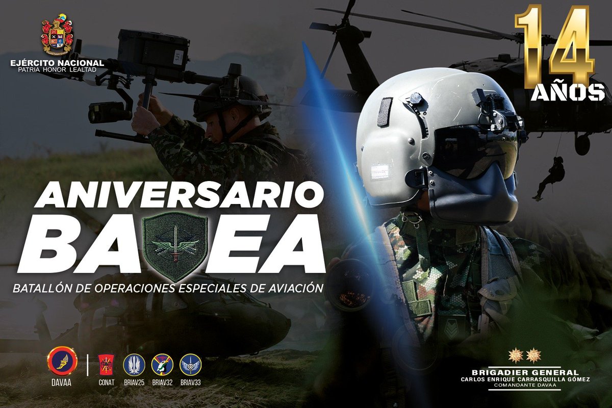 Ejercito_Davaa's tweet photo. A los hombres y mujeres que integran el Batallón De Operaciones Especiales de Aviación les deseamos un feliz día. Es su compromiso y valentía lo que ha permitido durante estos 14 años desarrollar maniobras aéreas para cumplir la misión con los colombianos.

#FeEnLaCausa https://t.co/uCD51mNdTf