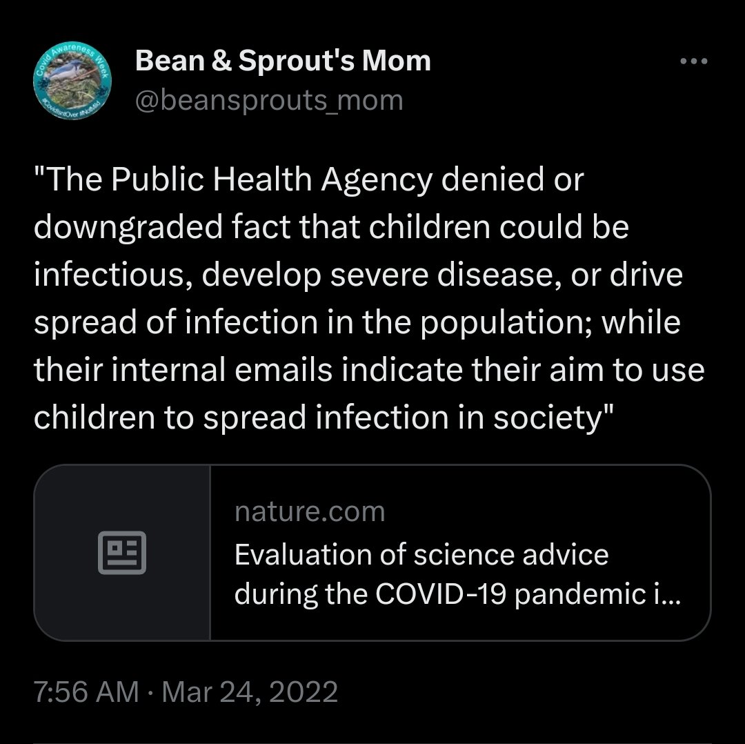 Proof below that Bonnie Henry was also purposely mass infecting kids AND using them as little bioweapons to infect everyone in some twisted, ideological pursuit of herd (community) immunity via infection. Just. Like. Tegnell. twitter.com/beansprouts_mo…