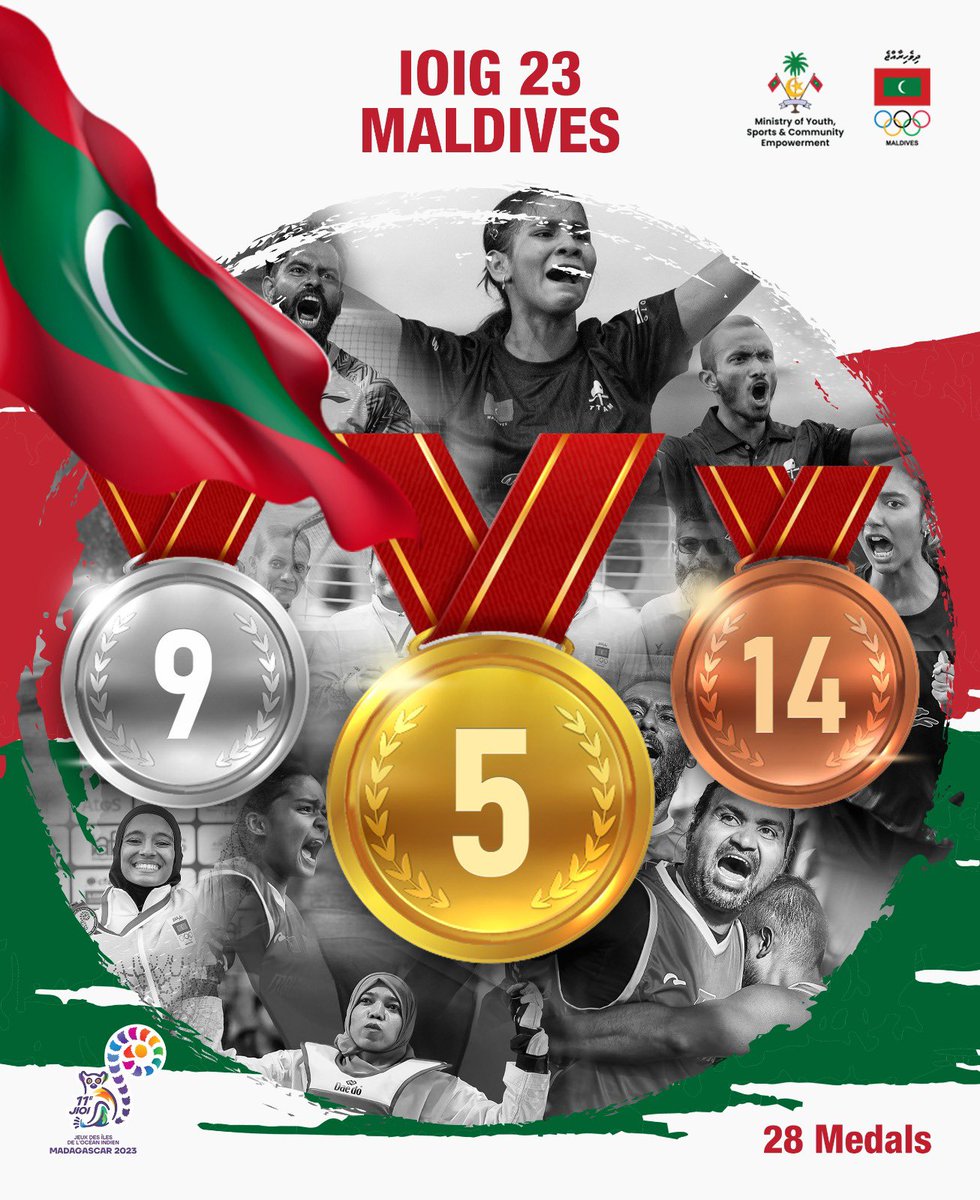An unprecedented chapter in Maldivian sporting history: shattering all previous records with a glittering medal tally of 5 gold, 9 silver, and 14 bronze at the Indian Ocean Island Games 2023—a milestone that resoundingly echoes our athletic prowess on the international stage!