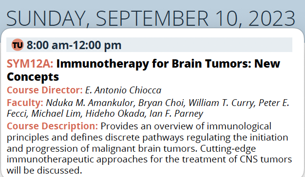 The latest on immunotherapy for brain tumors? Find out next Sunday with @WTCNeuroscience of @MGHNeurosurg and an outstanding group of neurosciences to find out the latest updates at #CNS2023