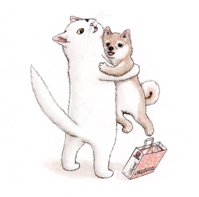 『ギュッ!』水彩:80×80mm#水彩  #猫  #犬  #cat  #dog 