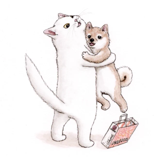 『ギュッ!』水彩:80×80mm#水彩  #猫  #犬  #cat  #dog 