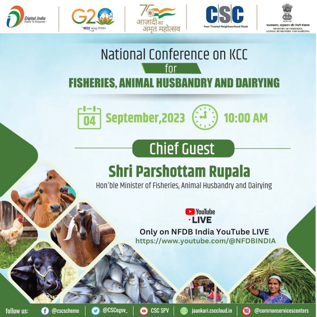 CSCegov_'s tweet photo. National Conference on KCC for FISHERIES, ANIMAL HUSBANDRY & DAIRYING...
Join Sh. @PRupala, Hon'ble Minister of Fisheries, Animal Husbandry & Dairying on the #NFDBIndia YouTube Page, 4th Sept from 10 AM onwards. https://t.co/yNYXXlDI8N
#DigitalIndia #FAHD #DeptofFisheries #CSC https://t.co/uU38RjfmnS