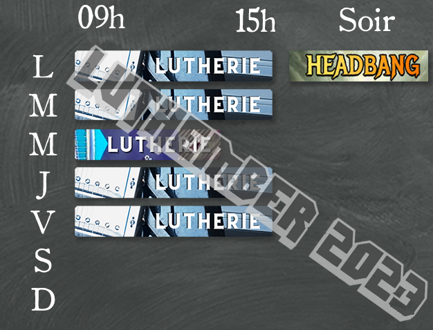 Ud_Woody's tweet photo. Le planning de la semaine !
C'est toujours Luthember (plein de paliers avec vos dons allez checker).
De la lutherie (forcément !)
Et le retour de mon JDR Metal : Headbang (la CAMPAGNE !), demain soir 20h30 avec @CoffeeGamingFr @TiTav1on @Pinde_ et @bahamut_cosplay https://t.co/6gaxWofxCS