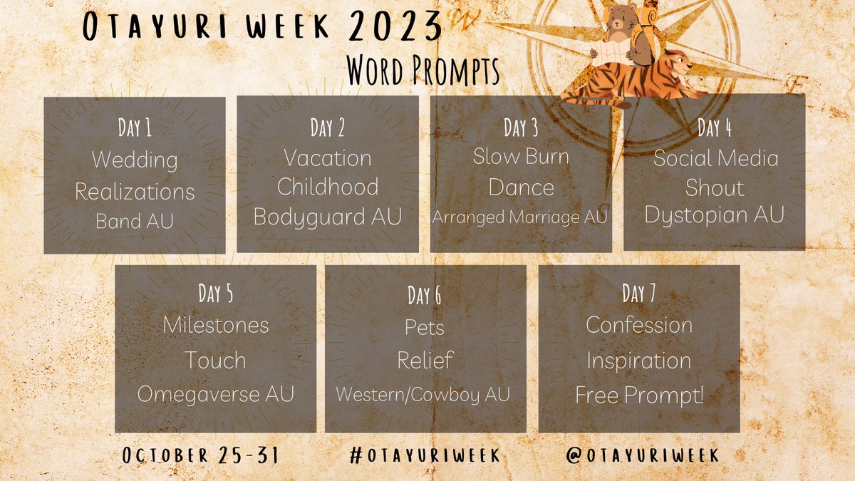 otayuriweek's tweet photo. Welcome, Travelers, to Otayuri Week 2023! You've found yourself in the distant lands of tigers, bears, and figure skating, oh my!  🐯🐻💞 We have word prompts, color prompts, &amp; song prompts!

This event runs Oct 25 to Oct 31. Accessible version of the prompts &amp; more info below⬇️ https://t.co/W3H8nuE53U