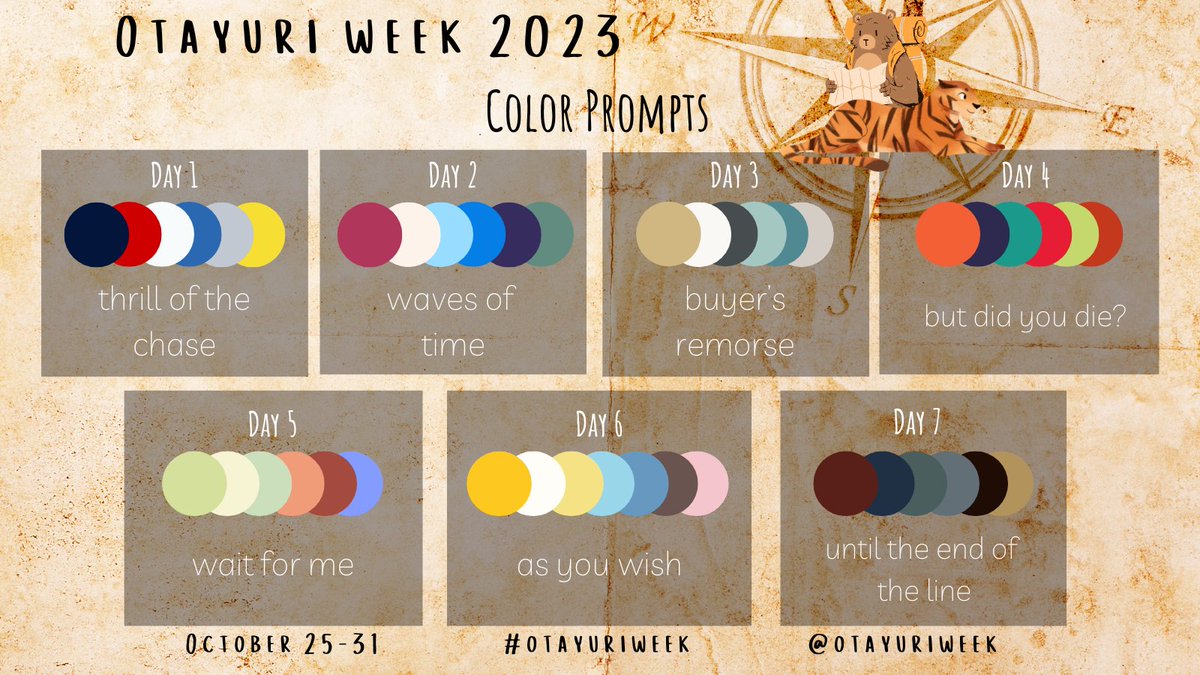 otayuriweek's tweet photo. Welcome, Travelers, to Otayuri Week 2023! You've found yourself in the distant lands of tigers, bears, and figure skating, oh my!  🐯🐻💞 We have word prompts, color prompts, &amp; song prompts!

This event runs Oct 25 to Oct 31. Accessible version of the prompts &amp; more info below⬇️ https://t.co/W3H8nuE53U
