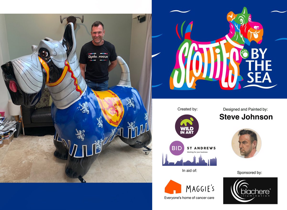 SandranSteve's tweet photo. Steve Johnson’s design for his @ScottiebytheSea sculpture is Noble-Ness.
#ScottiesByTheSea is an art trail by @BidStAndrews and @wildinart, and his Scottie was sponsored by @blachereuk. Raising funds for @maggiesdundee.
He can be found in Church Sq, #StAndrews #Scotland. 
🐶💙❤️ https://t.co/a3tqmTI9lZ