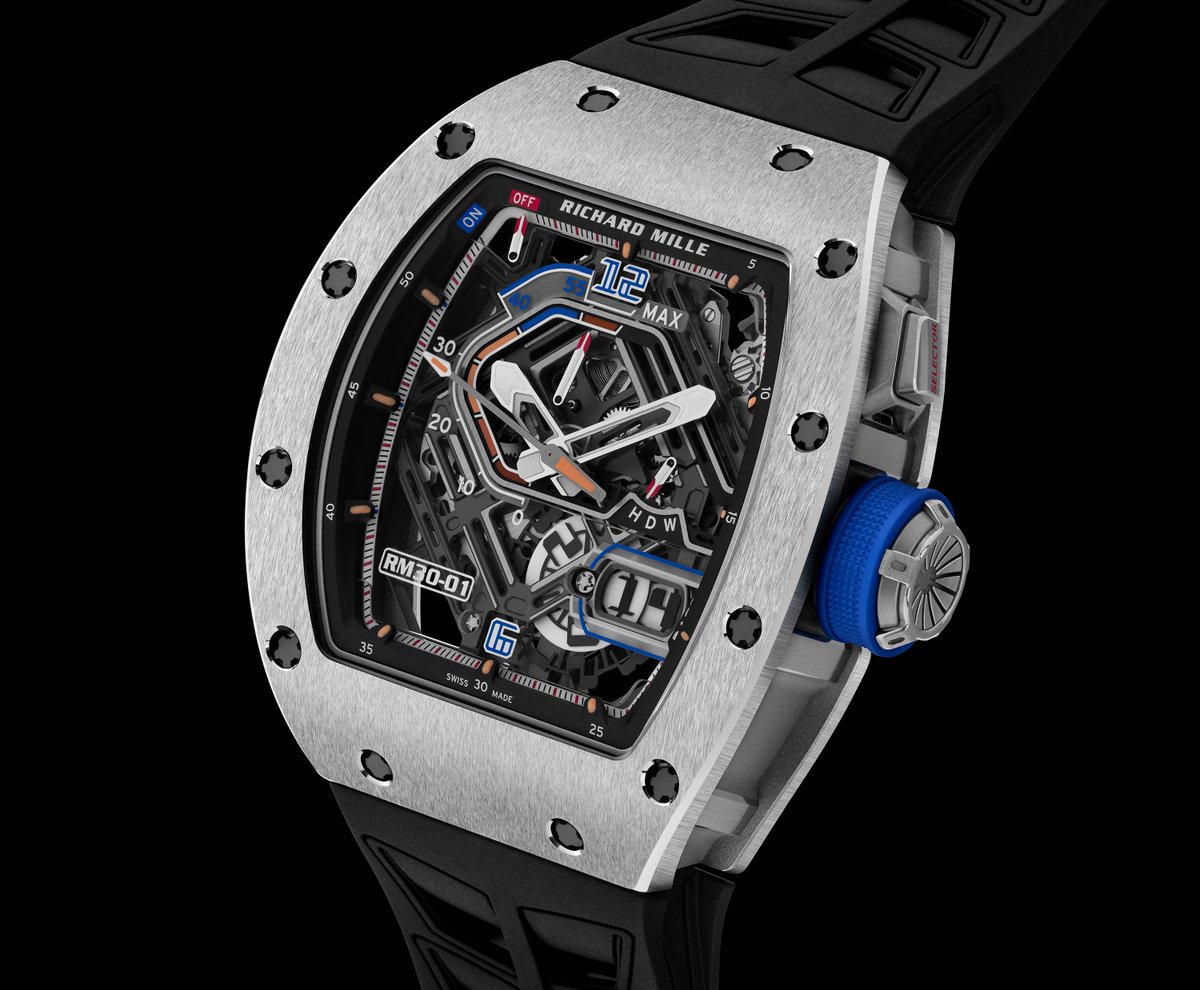 cotedesmontres's tweet image. .@Richard_Mille RM 30-01 #Automatic with #declutchable #rotor.
To remove any tension linked to winding, the variable-geometry rotor automatically declutches once the #powerReserve reaches #55hours by disconnecting itself from the winding mechanism. 
lacotedesmontres.com/en/The-Richard…