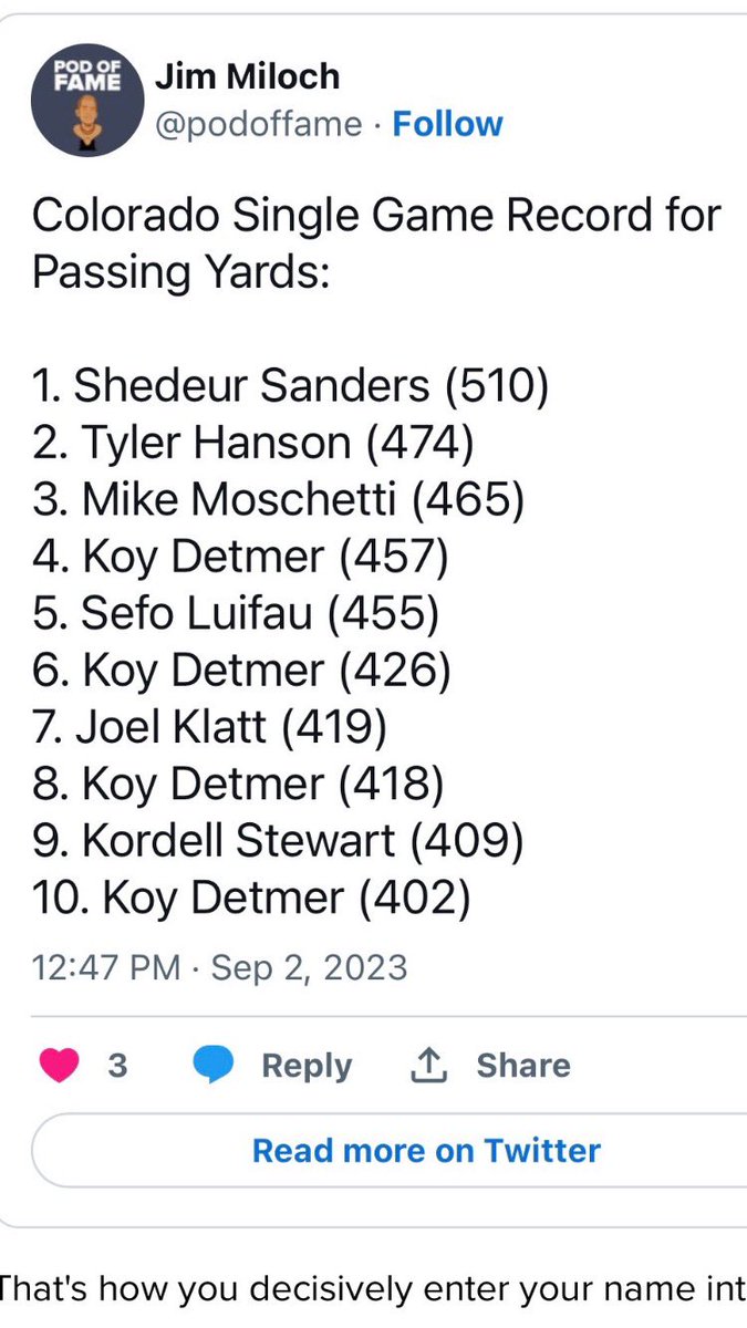 St. Paul Football ⚔️🏈 CU 🦬🏈 QB Shedeur Sanders amazing performance yesterday in victory over TCU, moved HC Mike Moschetti to 3rd on all time single game passing list. God✝️, Country, St. Paul