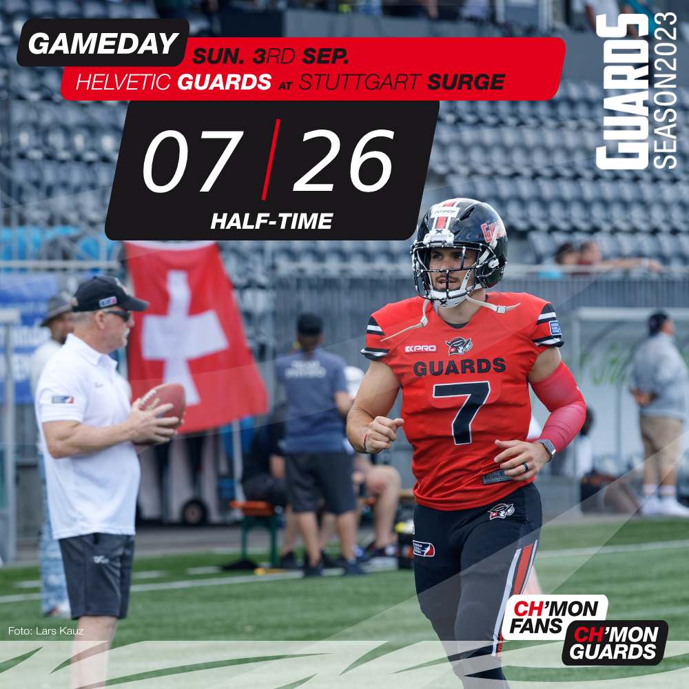 Half Time score in Stuttgart. 

#HVGatSRG #upforthechallenge #helveticguards #europeanleagueoffootball #hoppguards