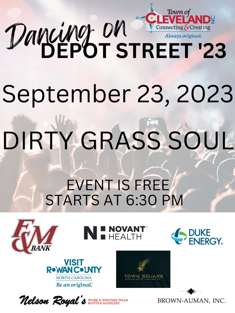 TownClevelandNC's tweet photo. In 3 weeks, we will have our last #AlwaysOriginal Dancing on Depot Street Concert for 2023! Dirty Grass Soul will be performing! Be sure to check back for the Food Vendors we will have! 

#ClevelandNC https://t.co/KX55vU0bZu