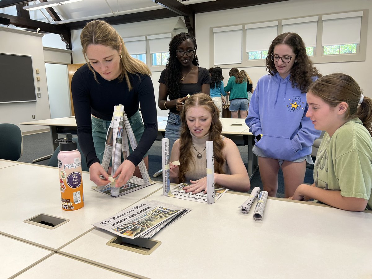 MattVeto's tweet photo. Quick break for some team-building fun — a newspaper towers activity. 😂 I was asked to judge based on height, aesthetic and structural integrity (Lehigh is one of the top engineering schools in the nation, after all). Winner in the last photo. 👍🙌 https://t.co/otWidYWeoU
