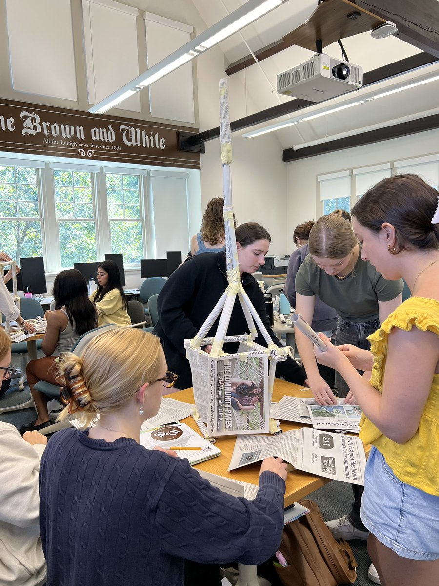 MattVeto's tweet photo. Quick break for some team-building fun — a newspaper towers activity. 😂 I was asked to judge based on height, aesthetic and structural integrity (Lehigh is one of the top engineering schools in the nation, after all). Winner in the last photo. 👍🙌 https://t.co/otWidYWeoU